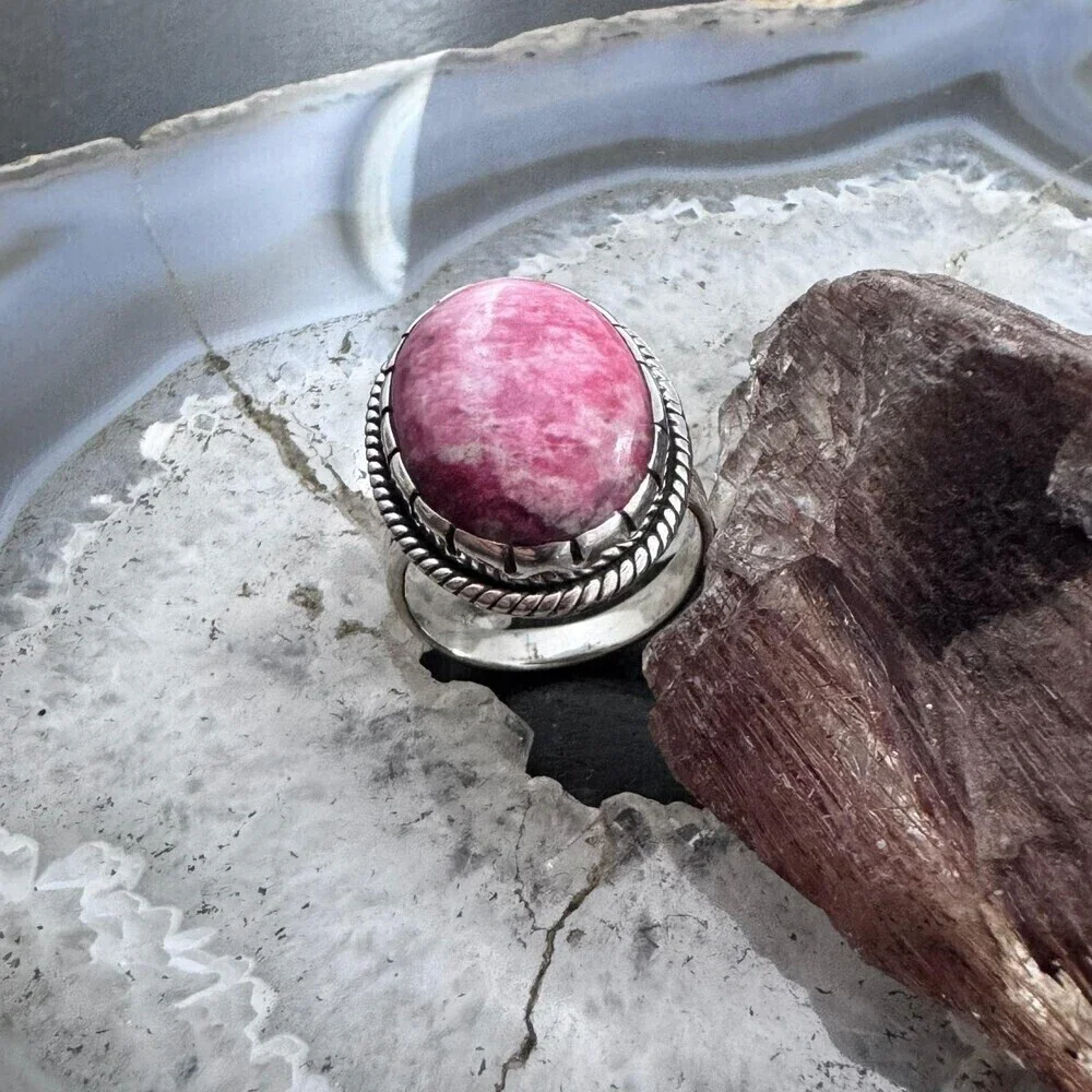 Sterling Silver Southwestern Style Oval Thulite Decorated Ring Sz 9.5 For Women